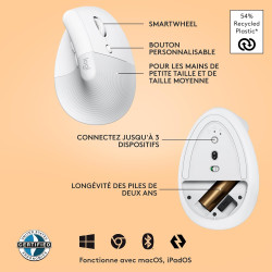 Logitech lift souris ergonomique verticale, sans fil, bleutooth ou récepteur usb logi bolt, silencieuse, 4 boutons, compatible a