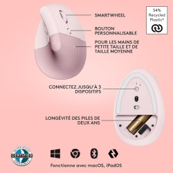 Logitech lift souris ergonomique verticale, sans fil, bleutooth ou récepteur usb logi bolt, silencieuse, 4 boutons, compatible a