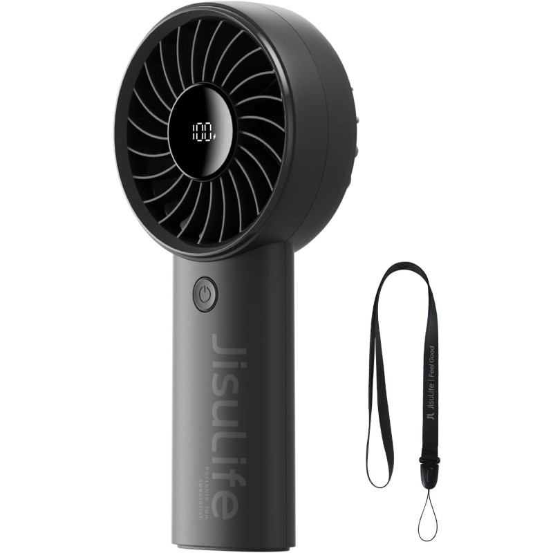 JISULIFE Mini ventilateur portable 5000 mAh avec vent puissant, mini ventilateur rechargeable par USB avec affichage numérique, 