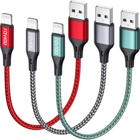 RAVIAD Câble iPhone Court [0.5M/Lot de 3] Cable Chargeur Lightning Certifié MFi Câble Lightning Nylon Tressé Fil Cable USB Charg