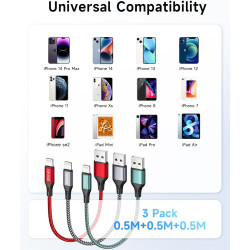 RAVIAD Câble iPhone Court [0.5M/Lot de 3] Cable Chargeur Lightning Certifié MFi Câble Lightning Nylon Tressé Fil Cable USB Charg