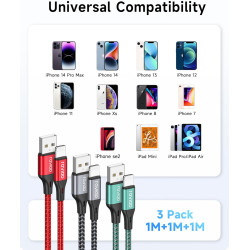 RAVIAD Câble iPhone [1M/Lot de 3] Cable Chargeur Lightning Certifié MFi Câble Lightning Nylon Tressé Fil Cable USB Charge Rapide