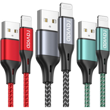 RAVIAD Câble iPhone [2M/Lot de 3] Cable Chargeur Lightning Certifié MFi Câble Nylon Tressé Fil Cable Lightning USB Charge Rapide