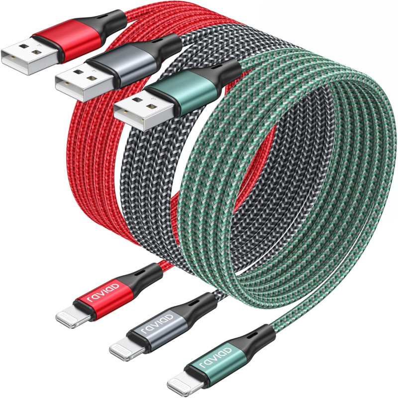 RAVIAD Câble iPhone [3M/Lot de 3] Cable Chargeur Lightning Certifié MFi Câble Nylon Tressé Fil Cable Lightning USB Charge Rapide