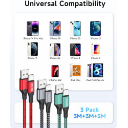 RAVIAD Câble iPhone [3M/Lot de 3] Cable Chargeur Lightning Certifié MFi Câble Nylon Tressé Fil Cable Lightning USB Charge Rapide