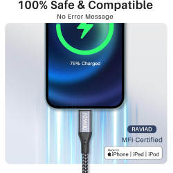 RAVIAD Câble iPhone Chargeur iPhone, [Certifié MFi] Fil Lightning Nylon Tressé Ultra Résistant pour iPhone 13/12/11/Pro/X/XS/XR/