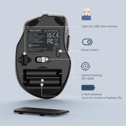 TECKNET Souris sans Fil, 2.4G Souris Optique 4000 DPI avec 6 Niveaux Réglable, Souris Ergonomique pour PC, Ordinateur Bureau/Por