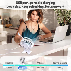 Petit ventilateur de bureau USB puissant avec 3 vitesses, réglage à 90° pour chambre, bureau, maison, voiture - Blanc