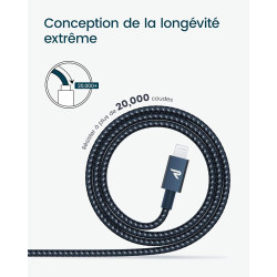 RAMPOW Câble USB C vers Lightning MFi Certifié, Câble Lightning USB C Power Delivery Nylon Tressé pour iPhone 14/13/12/11/Pro/Pr