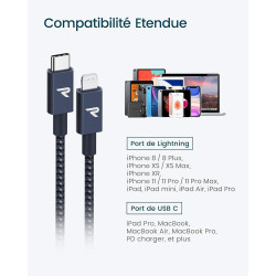 RAMPOW Câble USB C vers Lightning MFi Certifié, Câble Lightning USB C Power Delivery Nylon Tressé pour iPhone 14/13/12/11/Pro/Pr