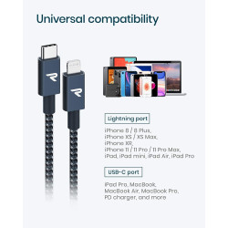 RAMPOW Câble USB C vers Lightning 2M MFi Certifié, Câble Lightning USB C Power Delivery Nylon Tressé pour iPhone 14/13/12/11/11 