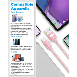 Aioneus Câble USB C [1M+2M/Lot de 2] Charge Rapide 3A Cordon Chargeur Tressé pour Samsung Galaxy S21 S22 S23 S24 S9 A14 A15 A52,