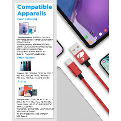 Aioneus Cable USB C, [1M+2M/Lot de 2] Câble USB C Charge Rapide 3A Fil Chargeur Type C Tressé Cable USB vers USB C pour Samsung 