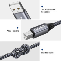RAVIAD Câble Imprimante [2M] USB 2.0 A Mâle vers B Mâle Pour Scanner Cordon Nylon USB Type B Compatible avec HP, Canon, Epson, L