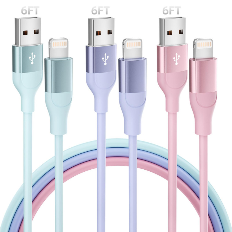 Câble Chargeur iPhone, 2M/Lot de 3, Charge Rapide Cord Lightning Cable Compatible avec iPhone 14 13 12 11 Pro Max XR XS X 8 7 6 