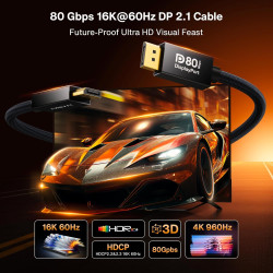 IVANKY 80Gbps Câble DisplayPort 2.1, [Certifié VESA] Supporte 16K@60Hz, 8K@240Hz, 4K@540Hz/480Hz/240Hz, 16K DisplayPort Compatib