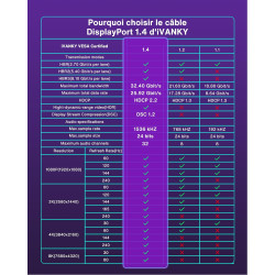 IVANKY 8K Câble Displayport 1.4 2M, [Certifié VESA] 8K@60Hz, 4K@240Hz, 2K@240Hz/165Hz/144Hz, 32.4Gbps Câble DP 1.4 Compatible av