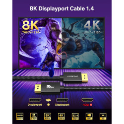 IVANKY 8K Câble Displayport 1.4 3M, [Certifié VESA] 8K@60Hz, 4K@240Hz, 2K@240Hz/165Hz/144Hz, 32.4Gbps Câble DP 1.4 Compatible av