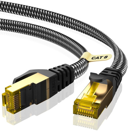 ARISKEEN Cat 8 Câble Ethernet 2M, Cat8 Tressé Plat Haut Débit (40Gbps 2000Mhz/s) Gigabit Rj45 STP Câble Blindé Internet Réseau L