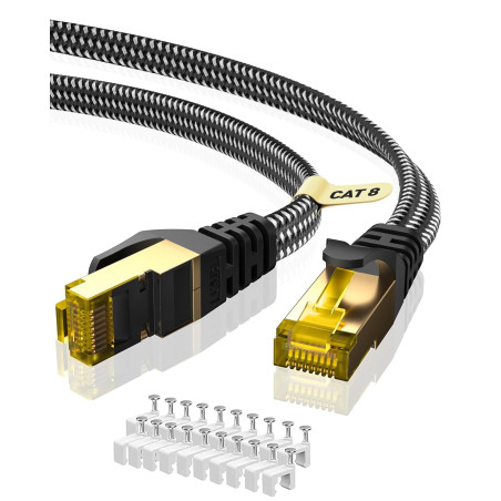 ARISKEEN Cat 8 Câble Ethernet 8M, Cat8 Tressé Plat Haut Débit (40Gbps 2000Mhz/s) Gigabit Rj45 STP Câble Blindé Internet Réseau L