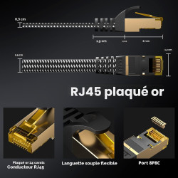 ARISKEEN Cat 8 Câble Ethernet 8M, Cat8 Tressé Plat Haut Débit (40Gbps 2000Mhz/s) Gigabit Rj45 STP Câble Blindé Internet Réseau L