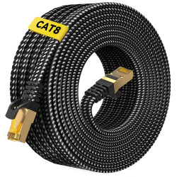 ARISKEEN Cat 8 Câble Ethernet 15M, Cat8 Tressé Plat Haut Débit (40Gbps 2000Mhz/s) Gigabit Rj45 STP Câble Blindé Internet Réseau 