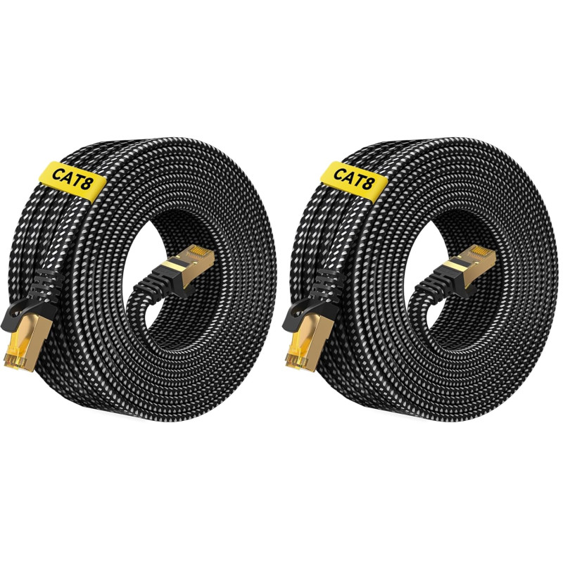 ARISKEEN Cat 8 Câble Ethernet 15M, Cat8 Tressé Plat Haut Débit (40Gbps 2000Mhz/s) Gigabit Rj45 STP Câble Blindé Internet Réseau 