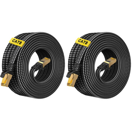 ARISKEEN Cat 8 Câble Ethernet 15M, Cat8 Tressé Plat Haut Débit (40Gbps 2000Mhz/s) Gigabit Rj45 STP Câble Blindé Internet Réseau 