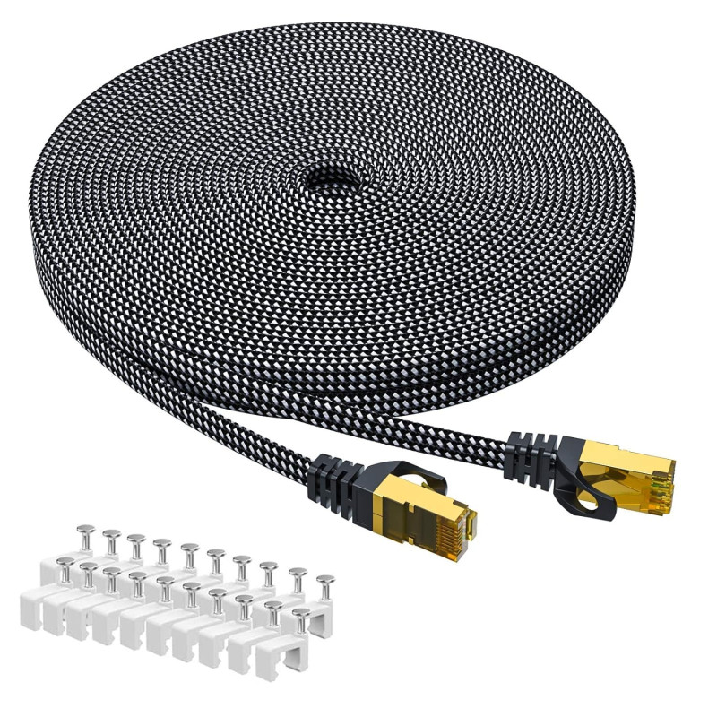 ARISKEEN Câble Ethernet Cat 8 40 m, Cat8 tressé plat haute vitesse (40 Gbps 2000 MHz/s), Gigabit Rj45 STP - Fil de câble blindé 