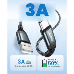 ZKAPOR Extra Long Câble USB C 4M, Cable USB C Charge Rapide 3A Nylon Tressé Chargeur Cable Type C pour iPhone 16/16 Pro Max/15, 