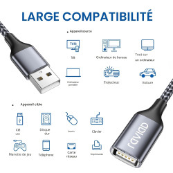 RAVIAD Câble Rallonge USB 2.0 1M, Câble Extension USB 2.0 Mâle A vers Femelle A Nylon Tressé Compatible pour Clé USB, Hub USB, D