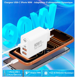 Chargeur USB C, Rombica 90W 5-Port Prise Chargeur Rapide USB C, Multiple Secteur USB C Chargeur 3PD + 2QC 3.1A Type C Adaptateur