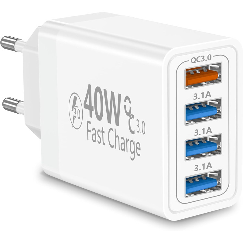 Chargeur USB, Rombica 40W 4-Port Prise Chargeur Rapide QC 3.0, 4USB Chargeur Bloc Multiple Secteur QC+USB 3.1A Adaptateur pour i