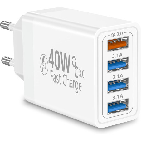 Chargeur USB, Rombica 40W 4-Port Prise Chargeur Rapide QC 3.0, 4USB Chargeur Bloc Multiple Secteur QC+USB 3.1A Adaptateur pour i