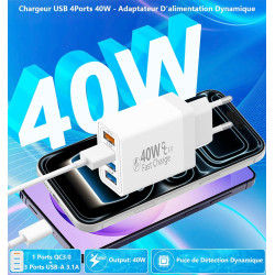 Chargeur USB, Rombica 40W 4-Port Prise Chargeur Rapide QC 3.0, 4USB Chargeur Bloc Multiple Secteur QC+USB 3.1A Adaptateur pour i