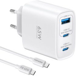 65W Chargeur USB C Rapide, 3-Ports Prise USB C GaN Tech PD3.0 PPS avec 60W Câble pour iPhone 17 16 15 14 13 Pro Max, pour MacBoo
