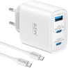 65W Chargeur USB C Rapide, 3-Ports Prise USB C GaN Tech PD3.0 PPS avec 60W Câble pour iPhone 17 16 15 14 13 Pro Max, pour MacBoo