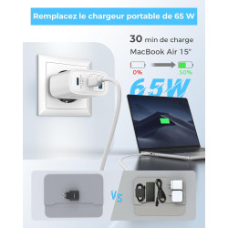 65W Chargeur USB C Rapide, 3-Ports Prise USB C GaN Tech PD3.0 PPS avec 60W Câble pour iPhone 17 16 15 14 13 Pro Max, pour MacBoo