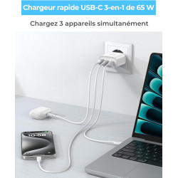 65W Chargeur USB C Rapide, 3-Ports Prise USB C GaN Tech PD3.0 PPS avec 60W Câble pour iPhone 17 16 15 14 13 Pro Max, pour MacBoo