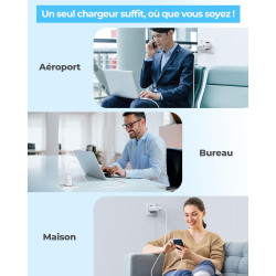 65W Chargeur USB C Rapide, 3-Ports Prise USB C GaN Tech PD3.0 PPS avec 60W Câble pour iPhone 17 16 15 14 13 Pro Max, pour MacBoo