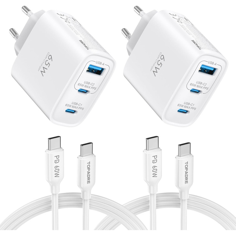 TOPADRE Chargeur 65 W USB C, Chargeur 2 pièces avec 2 câbles de Charge 60W (2m), Chargeur Rapide USB C Compatible avec MacBook P