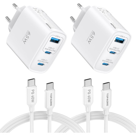 TOPADRE Chargeur 65 W USB C, Chargeur 2 pièces avec 2 câbles de Charge 60W (2m), Chargeur Rapide USB C Compatible avec MacBook P