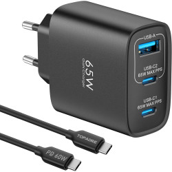 65W Chargeur USB C Rapide, 3-Ports Prise USB C GaN Tech PD3.0 PPS avec 60W Câble pour iPhone 17 16 15 14 13 Pro Max, pour MacBoo