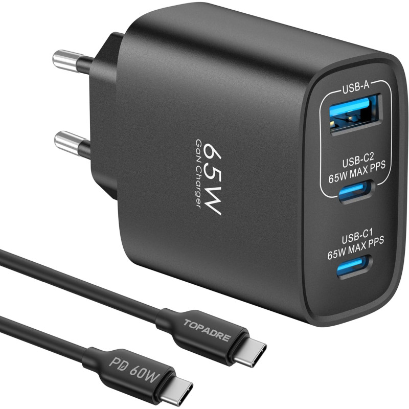 65W Chargeur USB C Rapide, 3-Ports Prise USB C GaN Tech PD3.0 PPS avec 60W Câble pour iPhone 17 16 15 14 13 Pro Max, pour MacBoo