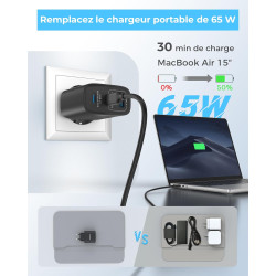 65W Chargeur USB C Rapide, 3-Ports Prise USB C GaN Tech PD3.0 PPS avec 60W Câble pour iPhone 17 16 15 14 13 Pro Max, pour MacBoo