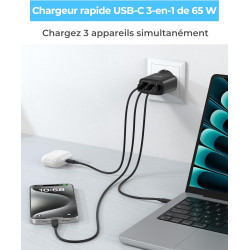 65W Chargeur USB C Rapide, 3-Ports Prise USB C GaN Tech PD3.0 PPS avec 60W Câble pour iPhone 17 16 15 14 13 Pro Max, pour MacBoo