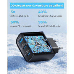 65W Chargeur USB C Rapide, 3-Ports Prise USB C GaN Tech PD3.0 PPS avec 60W Câble pour iPhone 17 16 15 14 13 Pro Max, pour MacBoo
