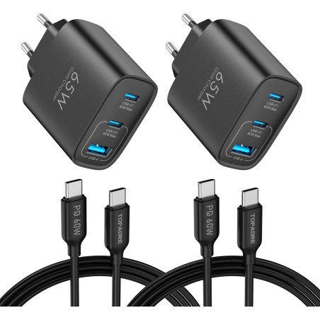 TOPADRE Chargeur 65 W USB C, Chargeur 2 pièces avec 2 câbles de Charge 60W (2m), Chargeur Rapide USB C Compatible avec MacBook P