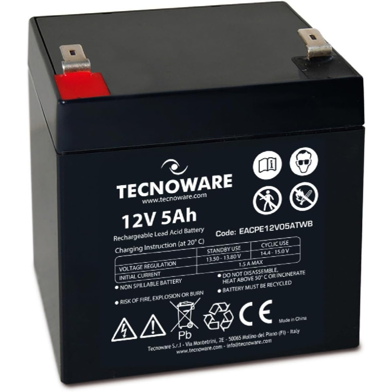 Tecnoware Power Systems - Batterie au Plomb Étanche, 12 V 5 Ah, Pour Onduleur, Systèmes de Vidéosurveillance et Alarme, Cosse Fa