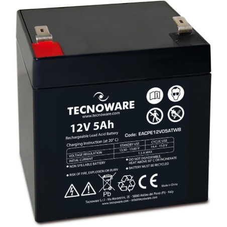 Tecnoware Power Systems - Batterie au Plomb Étanche, 12 V 5 Ah, Pour Onduleur, Systèmes de Vidéosurveillance et Alarme, Cosse Fa